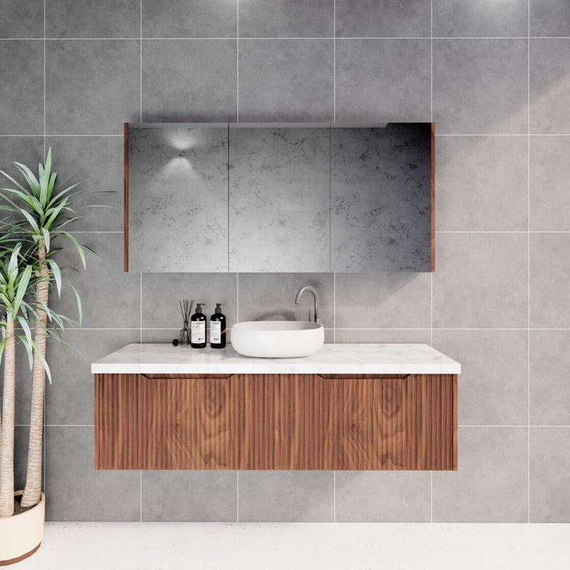 Riva Vienna 1500mm Brown Oak Single Bowl Wall Hung Vanity (Volvo Polymarble Top) - Sydney Home Centre