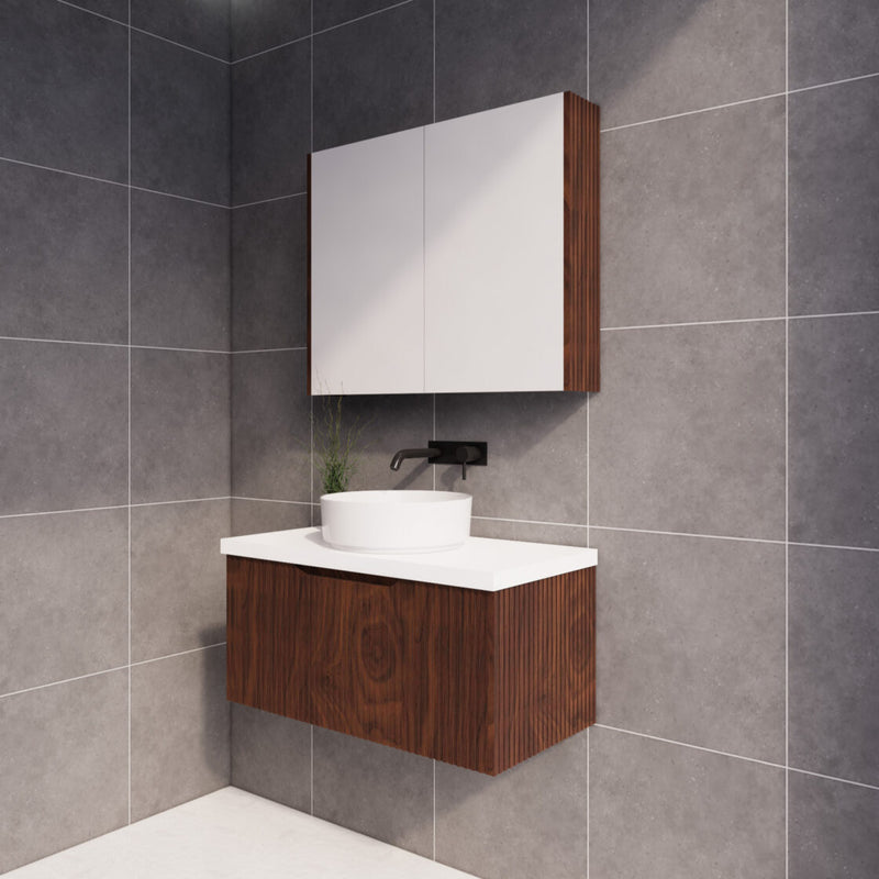 Riva Vienna 900mm Brown Oak Single Bowl Wall Hung Vanity (Carrara Stone top) - Sydney Home Centre