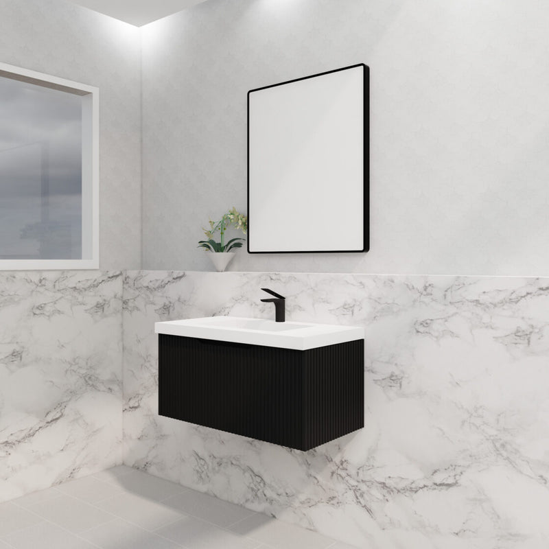 Riva Vienna 900mm Matte Black Single Bowl Wall Hung Vanity (Volvo Polymarble Top) - Sydney Home Centre