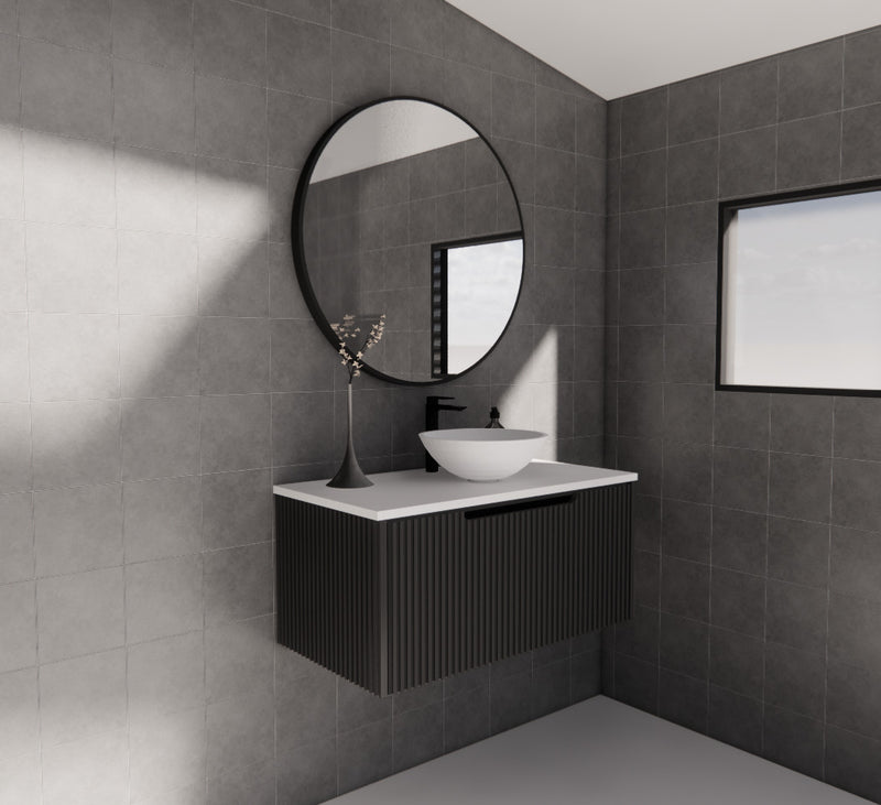 Riva Vienna 900mm Matte Black Single Bowl Wall Hung Vanity (Volvo Polymarble Top) - Sydney Home Centre