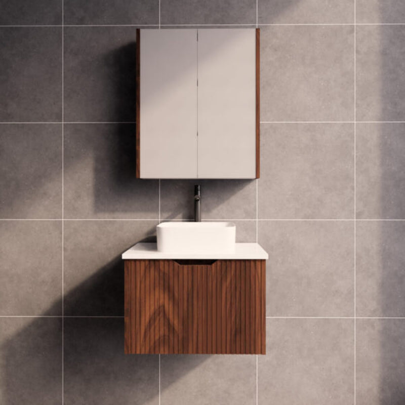 Riva Vienna 600mm Brown Oak Single Bowl Wall Hung Vanity (Carrara Stone top) - Sydney Home Centre