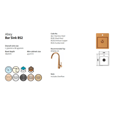 Abey BS2 Bar Sink With Tap Landing Artisan Copper - Sydney Home Centre