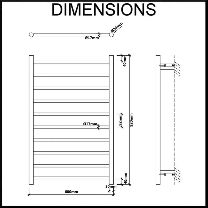 Aguzzo EZY FIT 600mm x 920mm Round Tube Dual Wired Heated Towel Rail Matte Black - Sydney Home Centre