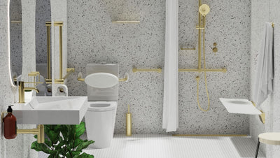 Nero Mecca Care 32mm T Bar Grab Rail And Adjustable Shower Set 1100X750mm Brushed Gold - Sydney Home Centre