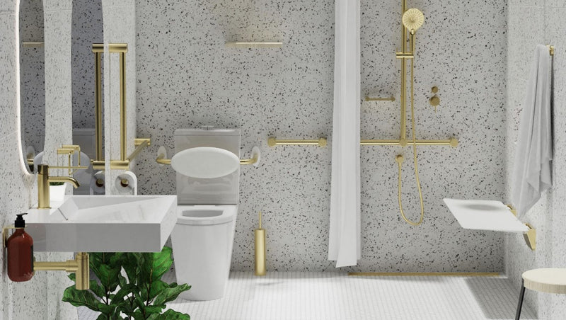 Nero Mecca Care 32mm T Bar Grab Rail And Adjustable Shower Set 1100X750mm Brushed Gold - Sydney Home Centre