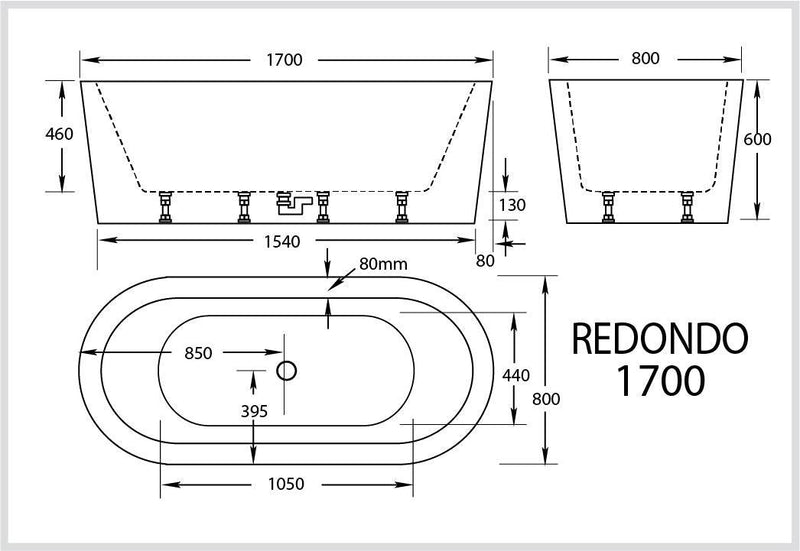 Broadway Bathroom Redondo 1700mm Bath White - Sydney Home Centre