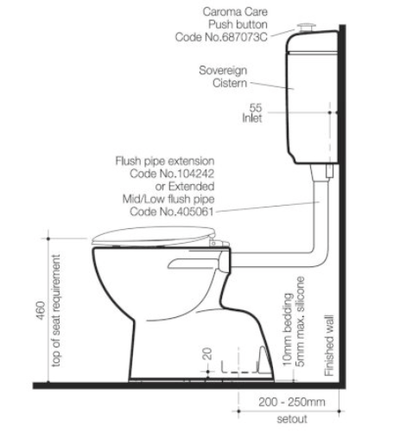 Caroma Care 400 Connector S Trap Toilet Suite With Caravelle Care Single Flap Seat Sorrento Blue - Sydney Home Centre