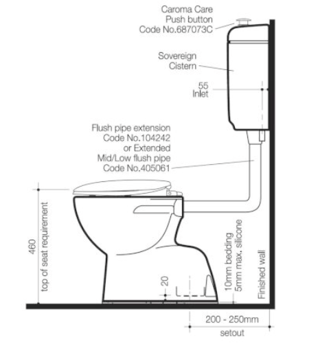 Caroma Care 400 Connector S Trap Toilet Suite With Caravelle Care Single Flap Seat Sorrento Blue - Sydney Home Centre