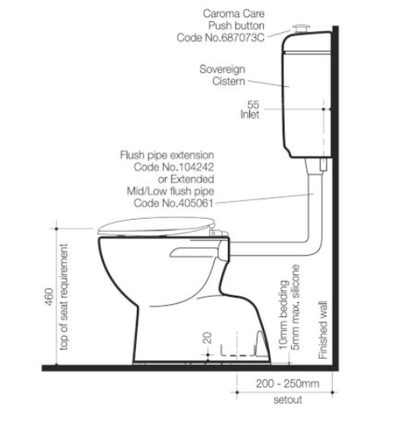 Caroma Care 400 Connector S Trap Toilet Suite With Caravelle Care Single Flap Seat White - Sydney Home Centre