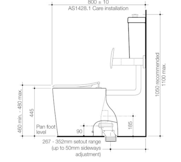 Caroma Care 610 Cleanflush Connector P Trap Suite with Backrest and Caravelle Single Flap Seat Anthracite Grey - Sydney Home Centre