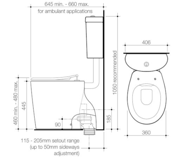 Caroma Care 610 Cleanflush Connector P Trap Suite with Caravelle Single Flap Seat Anthracite Grey - Sydney Home Centre