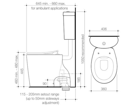 Caroma Care 610 Cleanflush Connector P Trap Suite with Caravelle Single Flap Seat White - Sydney Home Centre