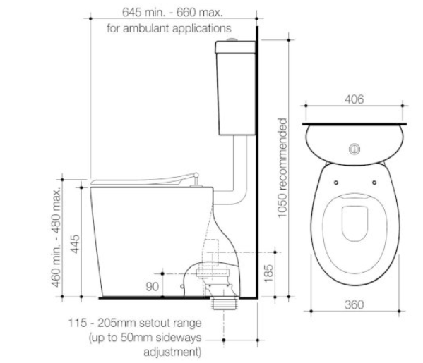 Caroma Care 610 Cleanflush Connector P Trap Suite with Caravelle Single Flap Seat White - Sydney Home Centre