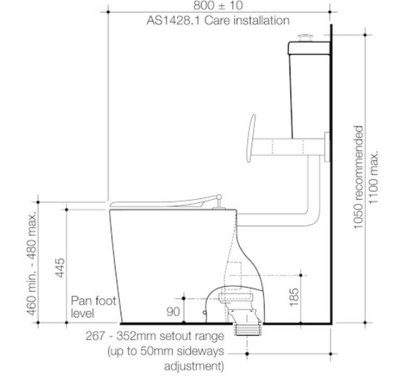 Caroma Care 610 Cleanflush Connector S Trap Suite with Backrest and Caravelle Single Flap Seat Anthracite Grey - Sydney Home Centre