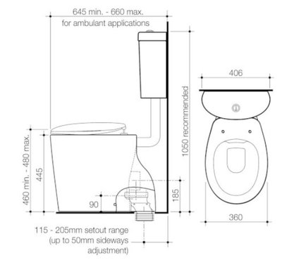 Caroma Care 610 Cleanflush Connector S Trap Suite with Caravelle Double Flap Seat Anthracite Grey - Sydney Home Centre