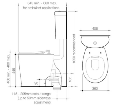 Caroma Care 610 Cleanflush Connector S Trap Suite with Caravelle Single Flap Seat Anthracite Grey - Sydney Home Centre