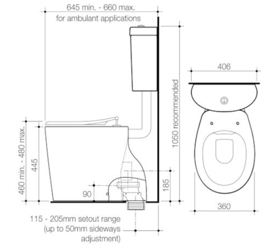 Caroma Care 610 Cleanflush Connector S Trap Suite with Caravelle Single Flap Seat White - Sydney Home Centre