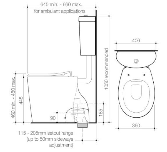 Caroma Care 610 Cleanflush Connector S Trap Suite with Caravelle Single Flap Seat White - Sydney Home Centre