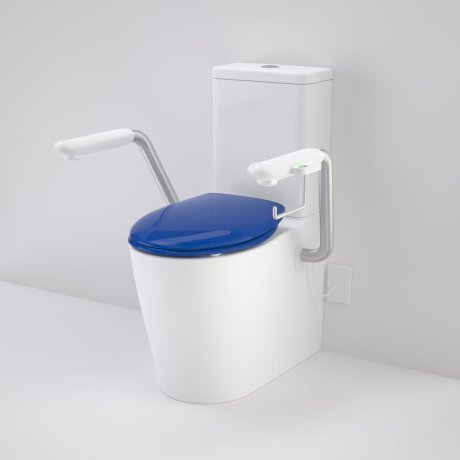 Caroma Care 660 Cleanflush Wall Faced Close Couple Easy Height BE Suite with Nurse Call Armrests Left and Caravelle Double Flap Seat Sorrento Blue with GermGard® - Sydney Home Centre