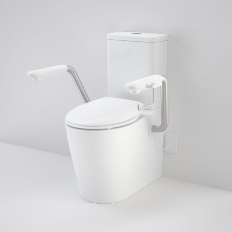 Caroma Care 660 Cleanflush Wall Faced Close Couple Easy Height BE Suite with Nurse Call Armrests Left and Caravelle Double Flap Seat White with GermGard® - Sydney Home Centre