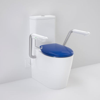 Caroma Care 660 Cleanflush Wall Faced Close Couple Easy Height BE Suite with Nurse Call Armrests Right and Caravelle Double Flap Seat Sorrento Blue with GermGard® - Sydney Home Centre