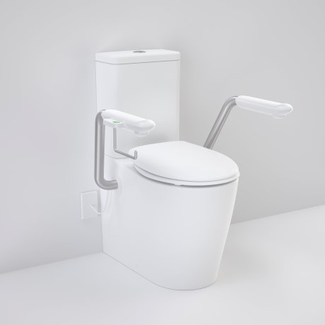 Caroma Care 660 Cleanflush Wall Faced Close Couple Easy Height BE Suite with Nurse Call Armrests Right and Caravelle Double Flap Seat White with GermGard® - Sydney Home Centre