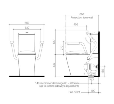 Caroma Care 660 Cleanflush Wall Faced Close Couple Easy Height BI Suite with Armrests and Caravelle Double Flap Seat Anthracite Grey - Sydney Home Centre