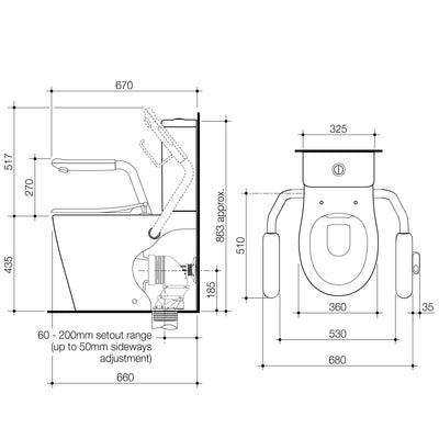 Caroma Care 660 Cleanflush Wall Faced Close Couple Easy Height BI Suite with Nurse Call Armrests Left and Caravelle Single Flap Seat Sorrento Blue - Sydney Home Centre