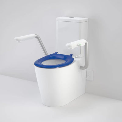 Caroma Care 660 Cleanflush Wall Faced Close Couple Easy Height BI Suite with Nurse Call Armrests Left and Caravelle Single Flap Seat Sorrento Blue - Sydney Home Centre