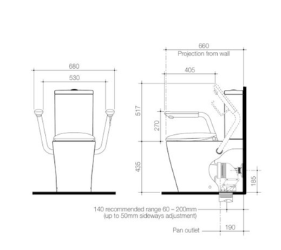 Caroma Care 660 Cleanflush Wall Faced Close Coupled Easy Height BE Suite with Armrests and Caravelle Double Flap Seat Anthracite Grey with GermGard® - Sydney Home Centre