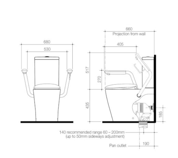 Caroma Care 660 Cleanflush Wall Faced Close Coupled Easy Height BE Suite with Armrests and Caravelle Double Flap Seat Anthracite Grey with GermGard® - Sydney Home Centre