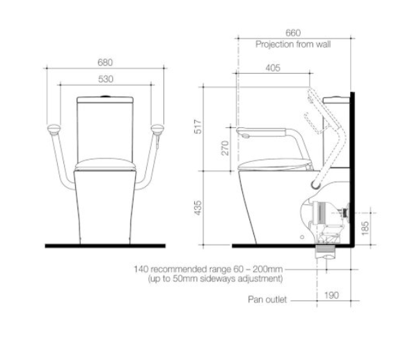 Caroma Care 660 Cleanflush Wall Faced Close Coupled Easy Height BE Suite with Armrests and Caravelle Double Flap Seat Sorrento Blue with GermGard® - Sydney Home Centre