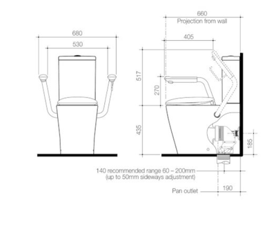 Caroma Care 660 Cleanflush Wall Faced Close Coupled Easy Height BE Suite with Armrests and Caravelle Double Flap Seat White with GermGard® - Sydney Home Centre