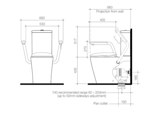 Caroma Care 660 Cleanflush Wall Faced Close Coupled Easy Height BE Suite with Armrests and Caravelle Double Flap Seat White with GermGard® - Sydney Home Centre