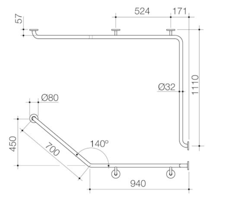 Caroma Care Support Grab Rail 140 Degree Angled - Left Hand Side - 1110mm x 940mm x 700mm - Stainless Steel - Sydney Home Centre