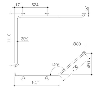 Caroma Care Support Grab Rail 140 Degree Angled - Left Hand Side - 1110mm x 940mm x 700mm - Stainless Steel - Sydney Home Centre