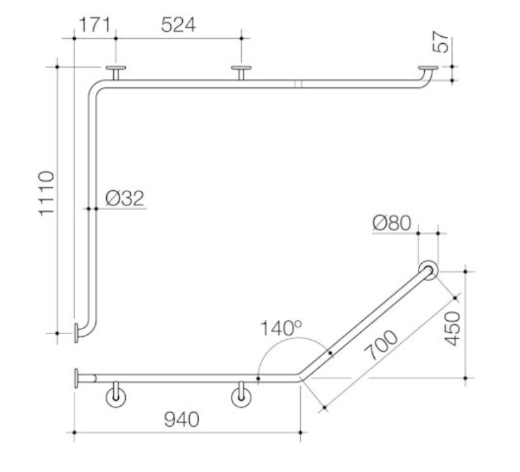 Caroma Care Support Grab Rail 140 Degree Angled - Left Hand Side - 1110mm x 940mm x 700mm - Stainless Steel - Sydney Home Centre