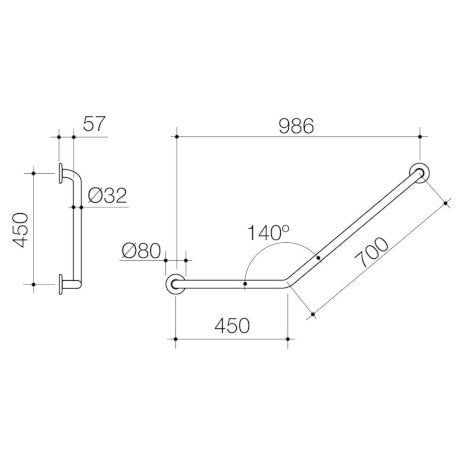 Caroma Care Support Grab Rail 140 Degree Angled - Left Hand Side - 450mm x 700mm - Stainless Steel - Sydney Home Centre