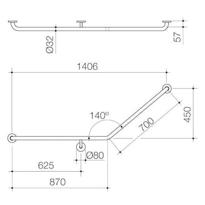 Caroma Care Support Grab Rail 140 Degree Angled - Left Hand Side - 870mm x 700mm - Matte Black - Sydney Home Centre