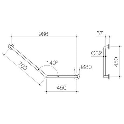 Caroma Care Support Grab Rail 140 Degree Angled - Right Hand Side - 450mm x 700mm - Matte Black - Sydney Home Centre