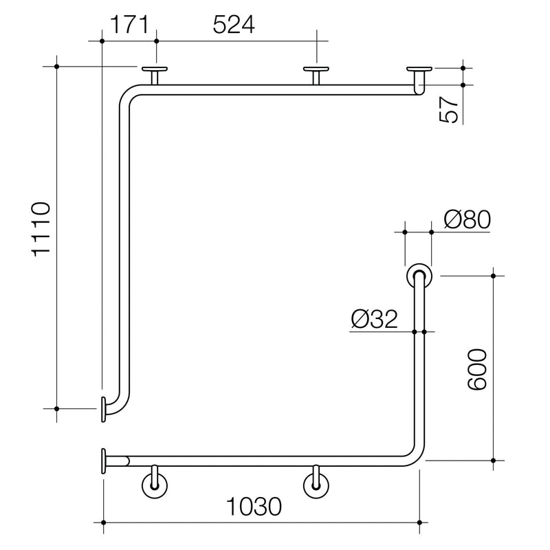 Caroma Care Support Grab Rail 90 Degree Angled - Left Hand Side - 1110mm x 1030mm x 600mm - Stainless Steel - Sydney Home Centre