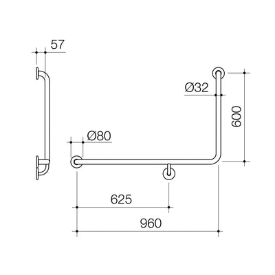 Caroma Care Support Grab Rail 90 Degree Angled - Left Hand Side - 960mm x 600mm - Stainless Steel - Sydney Home Centre