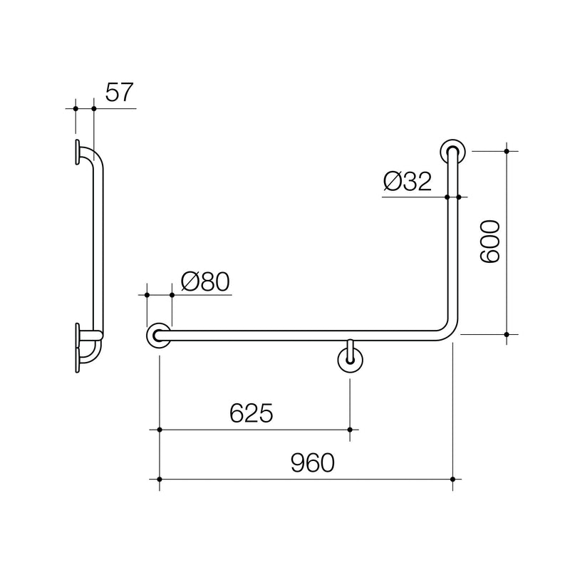 Caroma Care Support Grab Rail 90 Degree Angled - Left Hand Side - 960mm x 600mm - Stainless Steel - Sydney Home Centre