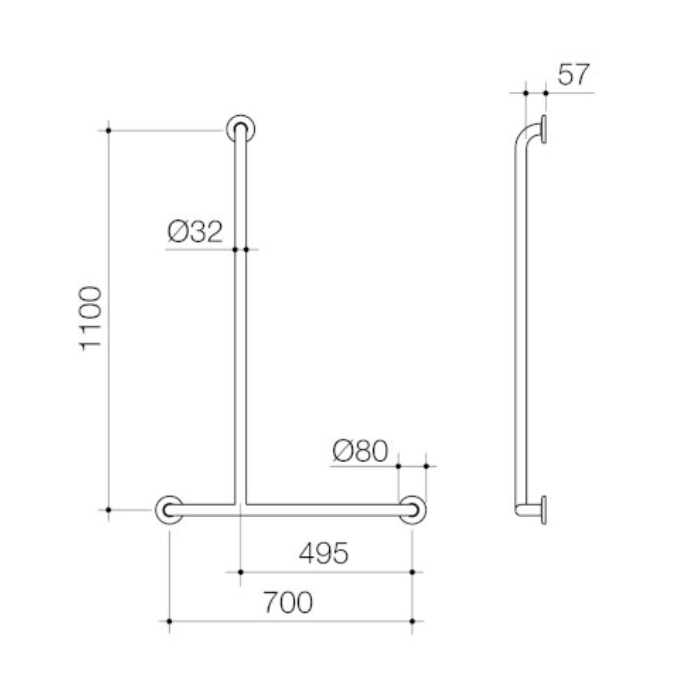 Caroma Care Support T - Bar Grab Rail - Left Hand Side - 1100mm x 700mm - Matte Black - Sydney Home Centre