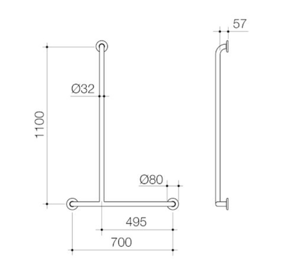 Caroma Care Support T - Bar Grab Rail - Left Hand Side - 1100mm x 700mm - Stainless Steel - Sydney Home Centre