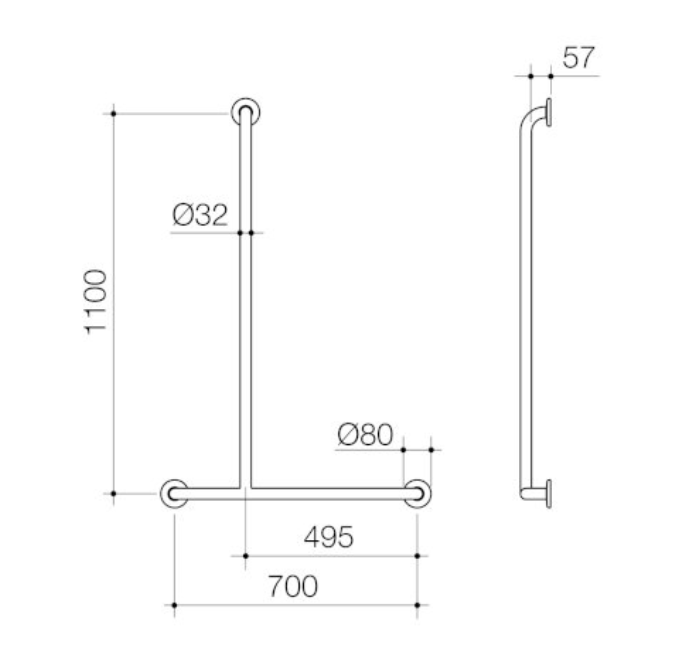 Caroma Care Support T - Bar Grab Rail - Left Hand Side - 1100mm x 700mm - Stainless Steel - Sydney Home Centre