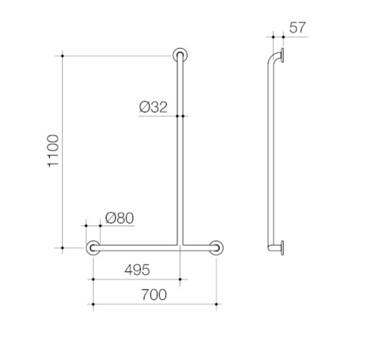 Caroma Care Support T - Bar Grab Rail - Right Hand Side - 1100mm x 700mm - Brushed Nickel - Sydney Home Centre