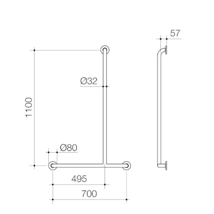 Caroma Care Support T - Bar Grab Rail - Right Hand Side - 1100mm x 700mm - Stainless Steel - Sydney Home Centre