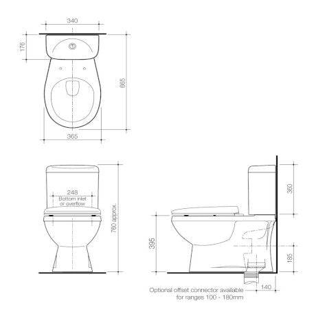 Stylus Prima II Close Coupled Toilet Suite Bottom Inlet P Trap Standard Seat White - Sydney Home Centre