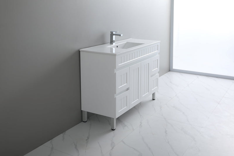 Ceto Acacia 1200mm Both Side Drawer Single Bowl Freestanding Vanity Matte White (Ceramic Top) - Sydney Home Centre